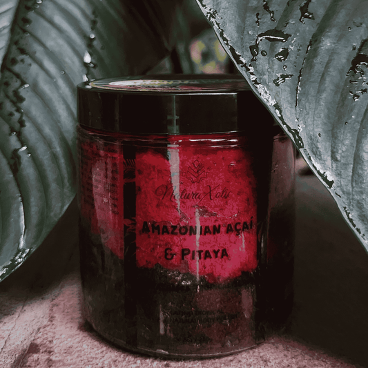 Amazonian Açaí & Pitaya Sugar Scrub with a Tropical Forest Background
